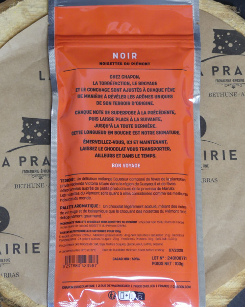 Chocolat Chapon noir aux noisettes du piémont 